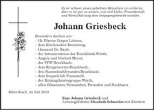 Traueranzeige Johann Griesbeck