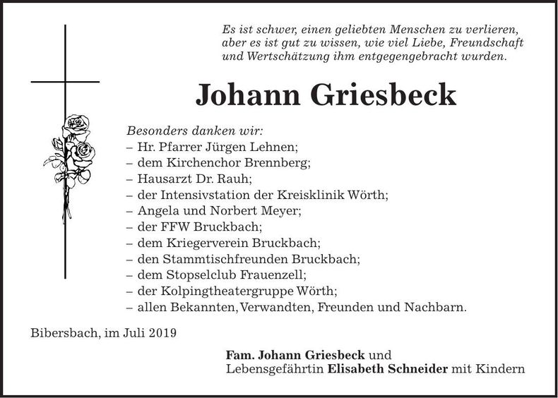 Traueranzeige Johann Griesbeck