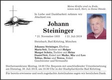 Traueranzeige Johann Steininger
