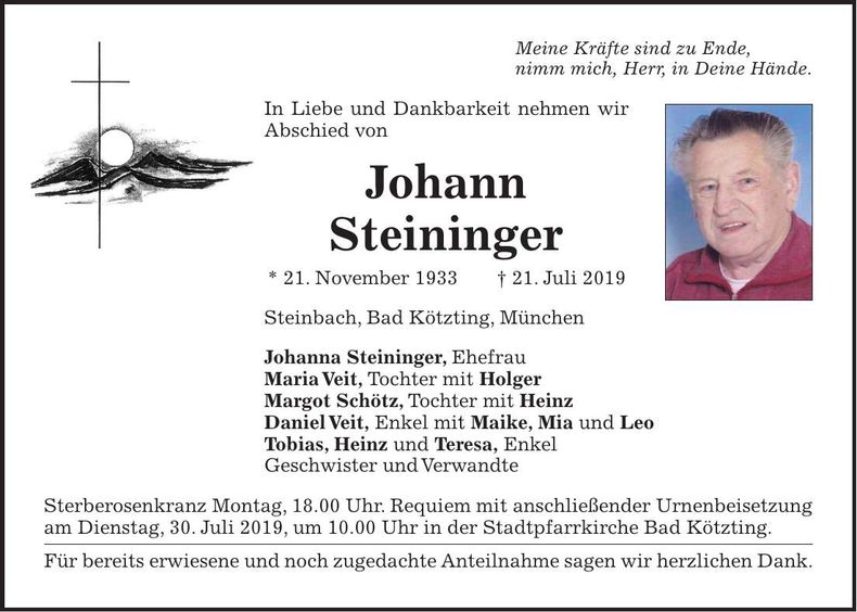 Traueranzeige Johann Steininger