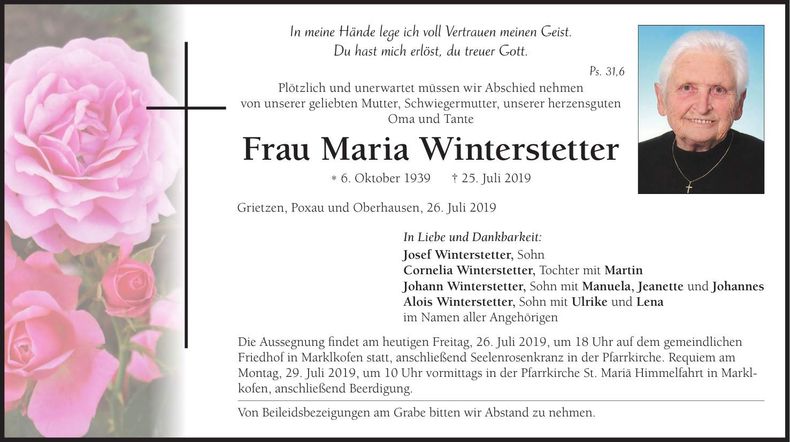 Traueranzeige Maria Winterstetter