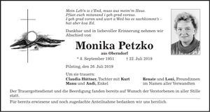 Traueranzeige Monika Petzko