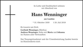 Traueranzeige Hans Wenninger