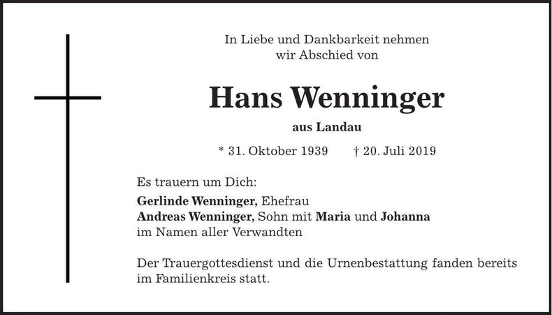 Traueranzeige Hans Wenninger