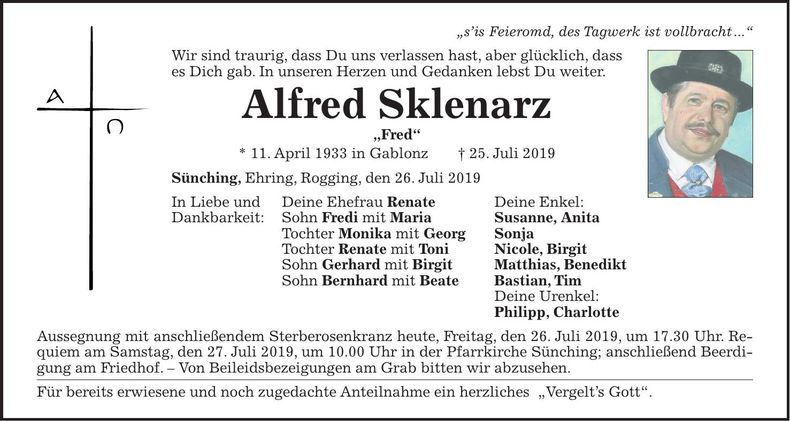 Traueranzeige Alfred Sklenarz