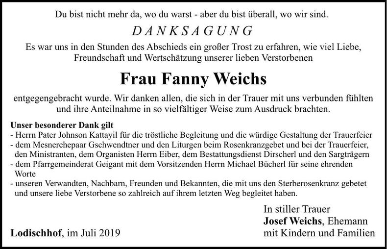 Traueranzeige Franziska Weichs