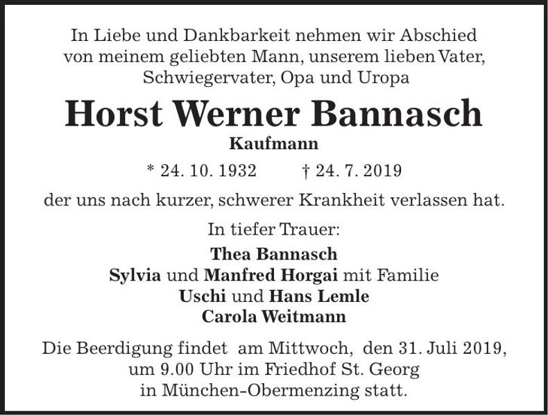 Traueranzeige Horst Werner Bannasch