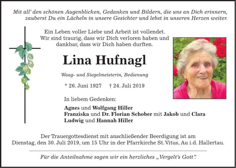 Traueranzeige Lina Hufnagl