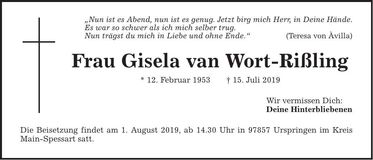 Traueranzeige Gisela van Wort-Rißling