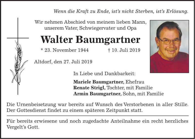 Traueranzeige Walter Baumgartner
