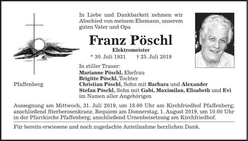 Traueranzeige Franz Pöschl