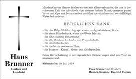 Traueranzeige Hans Brunner