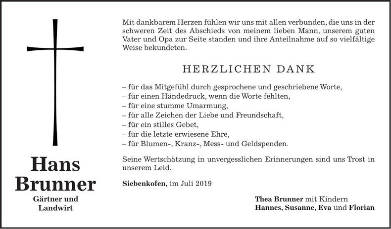 Traueranzeige Hans Brunner