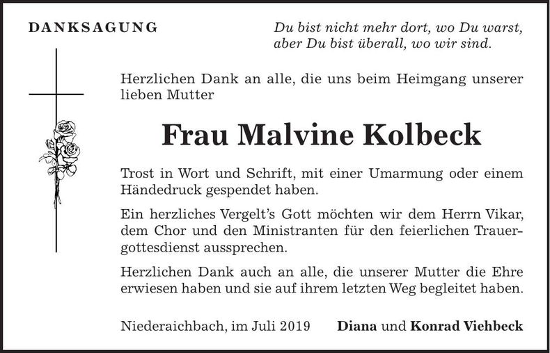 Traueranzeige Malvine Kolbeck