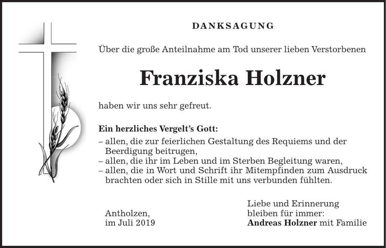 Traueranzeige Franziska Holzner