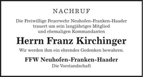 Traueranzeige Franz Kirchinger