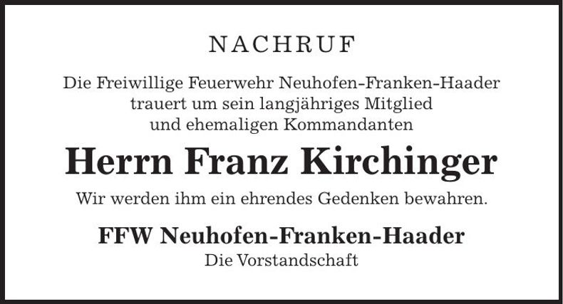Traueranzeige Franz Kirchinger