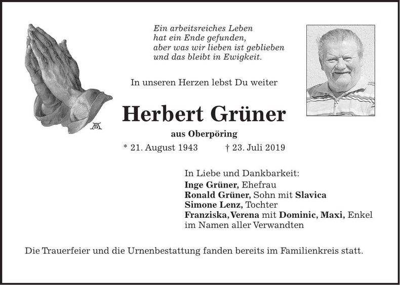 Traueranzeige Herbert Grüner