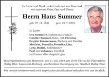 Traueranzeige Hans Summer