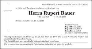Traueranzeige Rupert Bauer