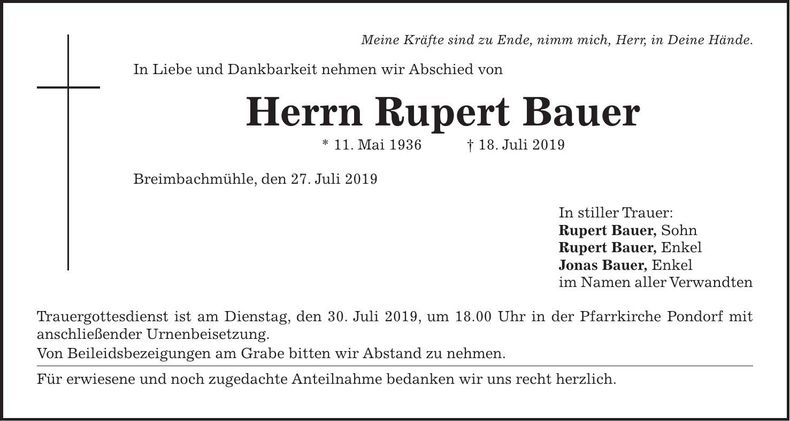 Traueranzeige Rupert Bauer