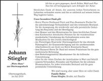 Traueranzeige Johann Stiegler