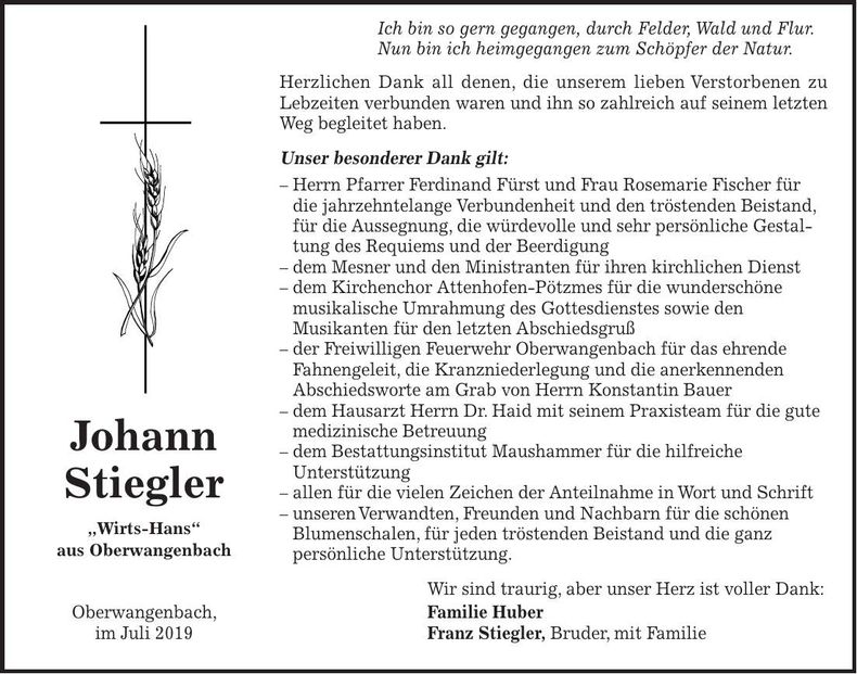Traueranzeige Johann Stiegler