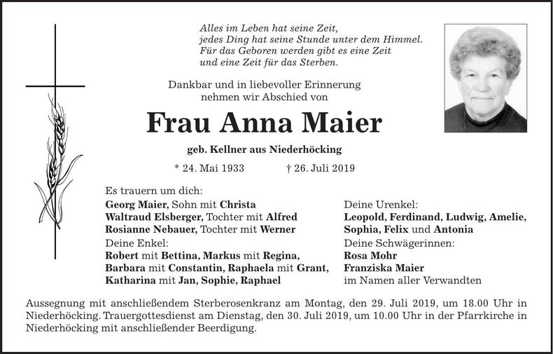 Traueranzeige Anna Maier
