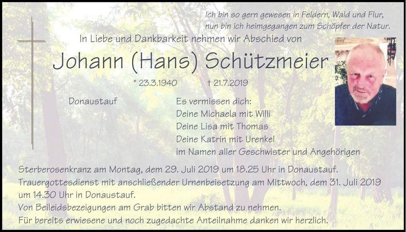 Traueranzeige Johann Schützmeier