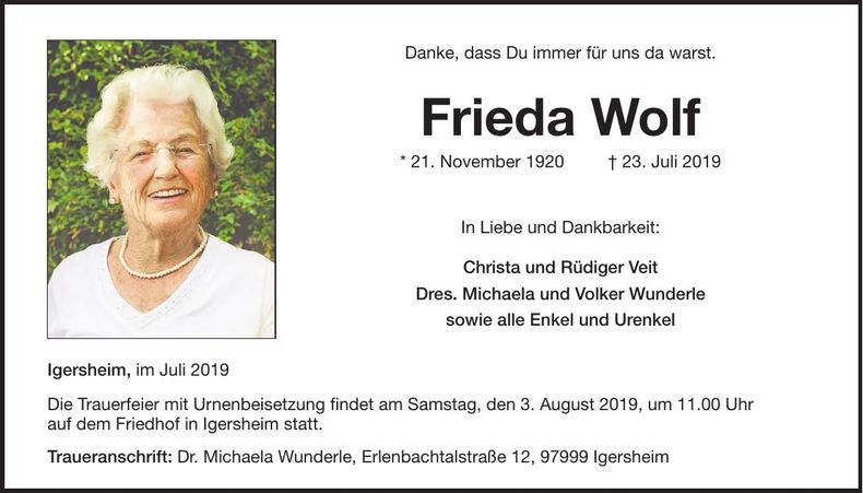 Traueranzeige Frieda Wolf