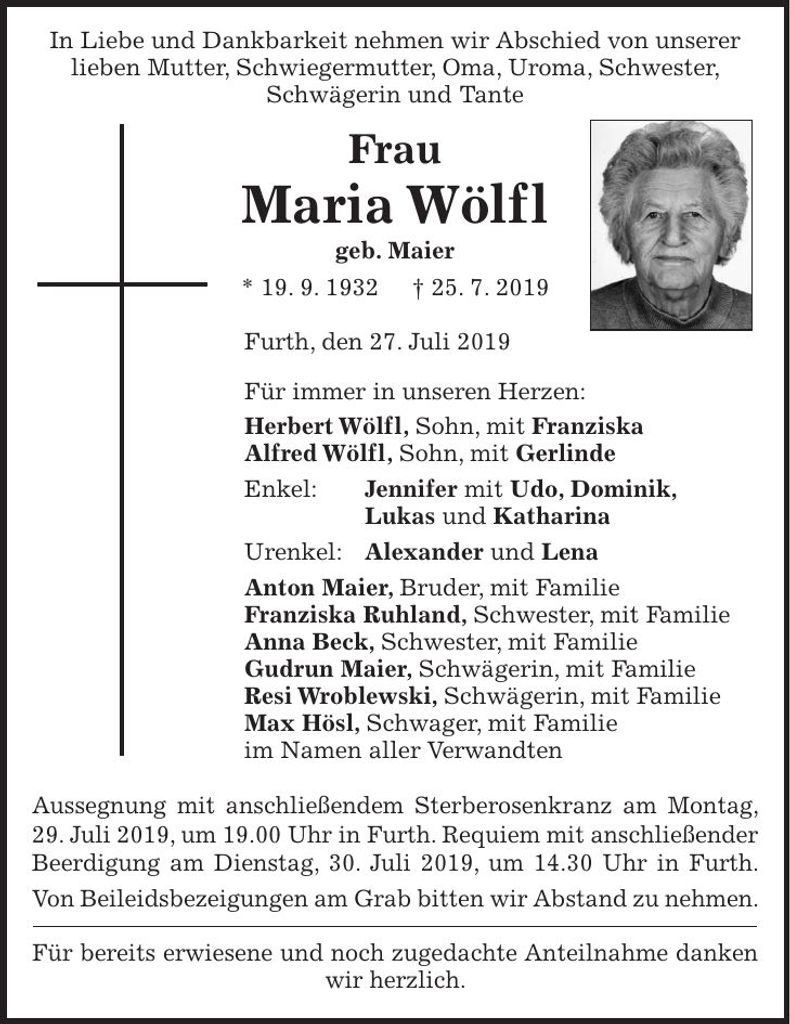 Traueranzeige Maria Wölfl