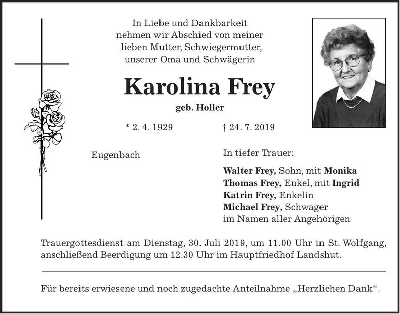 Traueranzeige Karolina Frey
