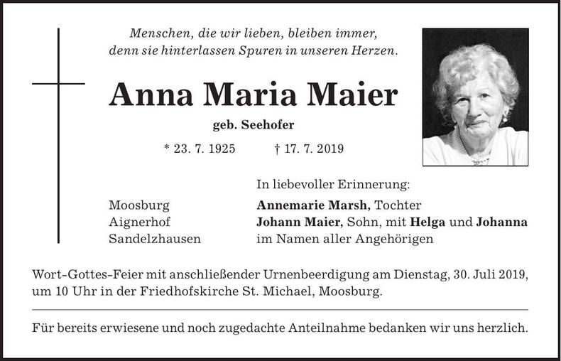 Traueranzeige Anna Maria Maier