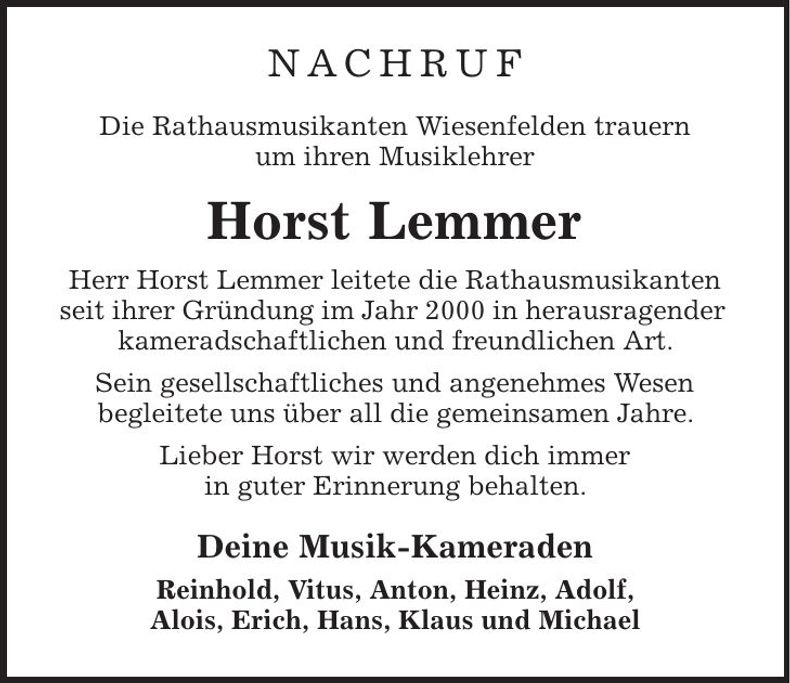 Traueranzeige Horst Lemmer