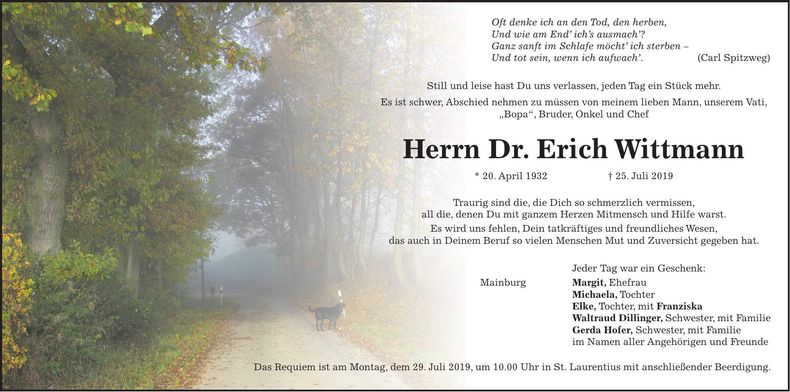 Traueranzeige Dr. Erich Wittmann