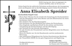 Traueranzeige Anna Elisabeth Spreider