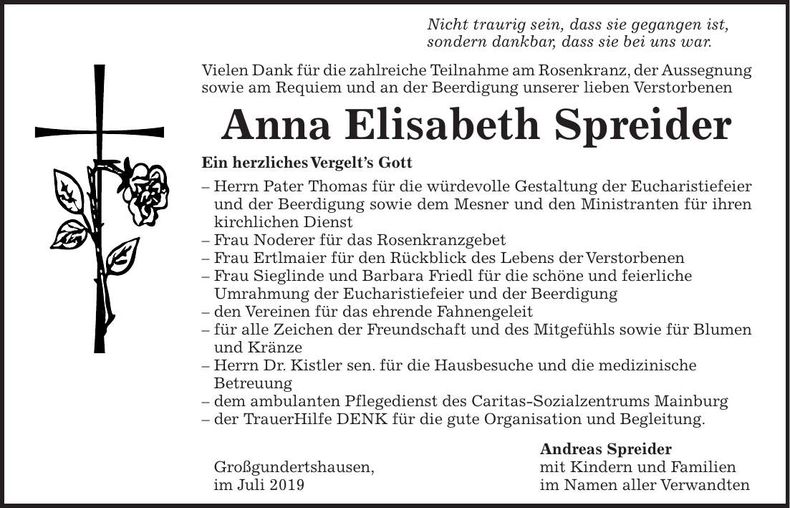 Traueranzeige Anna Elisabeth Spreider