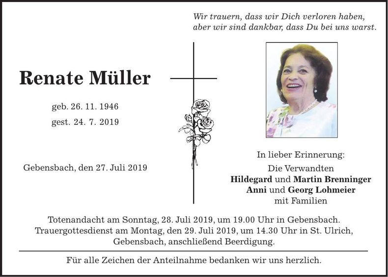 Traueranzeige Renate Müller