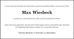 Traueranzeige Max Wiesbeck