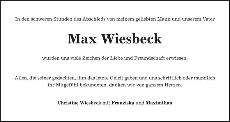 Traueranzeige Max Wiesbeck