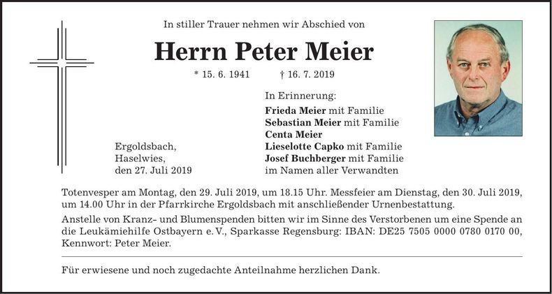 Traueranzeige Peter Meier