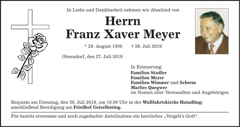 Traueranzeige Franz Xaver Meyer