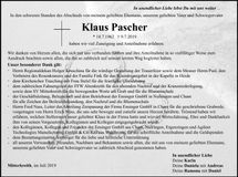 Traueranzeige Klaus Pascher
