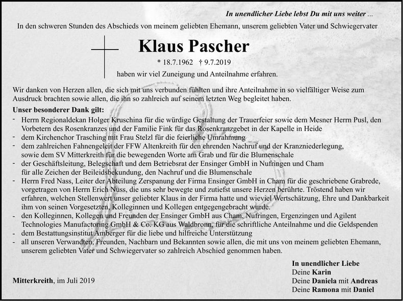 Traueranzeige Klaus Pascher