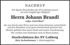 Traueranzeige Johann Brandl