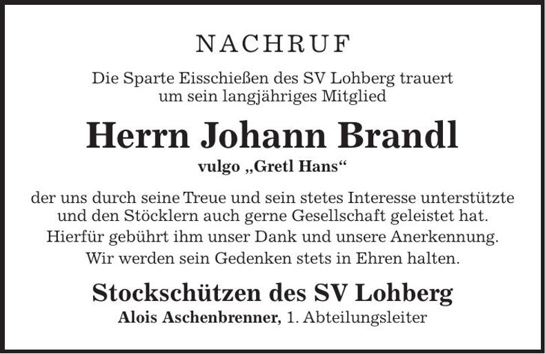Traueranzeige Johann Brandl