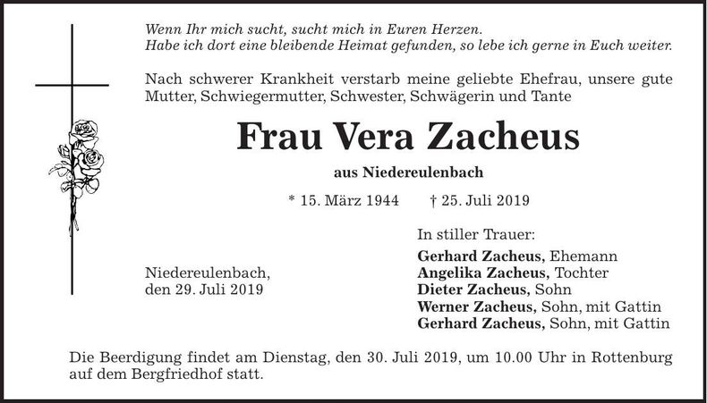 Traueranzeige Vera Zacheus