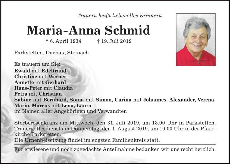 Traueranzeige Maria Anna Schmid