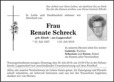 Traueranzeige Renate Schreck