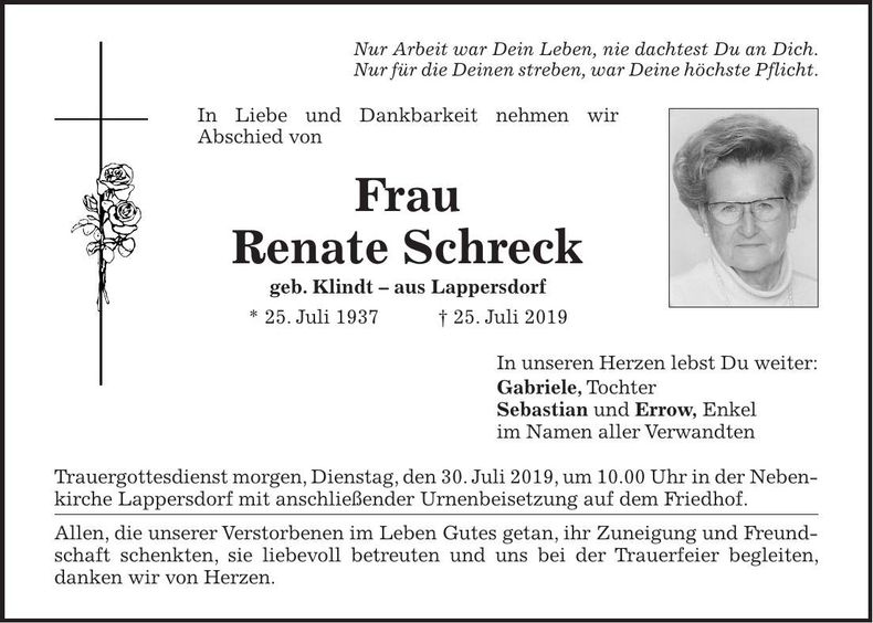 Traueranzeige Renate Schreck